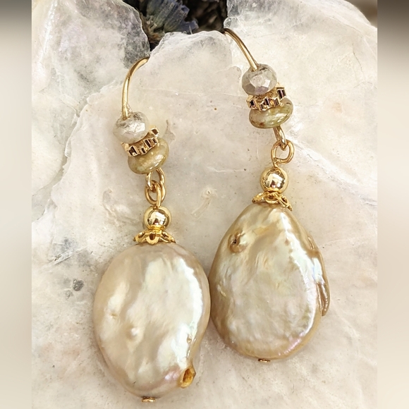 Pearl Jewelry - Natural Beige Freshwater Coin Pearl In Drop Down Gold Plated Earrings